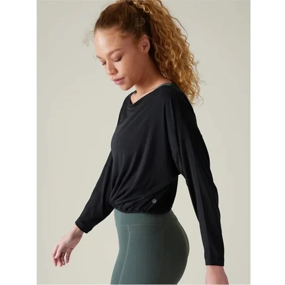 NWT Athleta Cool Down Black Long Sleeve Modal Drawstring Yoga Top Size Medium M - Picture 3 of 13